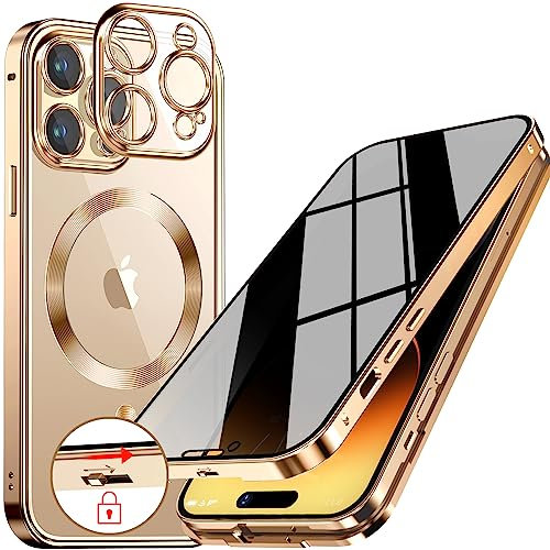 Upholyee [Slide Pop-up Lock & CD Metal Ring Anti-peep Magnetic Case for iPhone 14 Pro Max [Integrated Camera Protection] [Compatible with MagSafe] Full Body Privacy Cover with Built-in 9H Glass-Gold