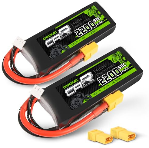OVONIC Lot de 2 batteries Lipo 2S 7,4 V 2200 mAh 50 C avec connecteur XT60 compatible avec RC 1/16 ou 1/14 RC avion, voiture, bateau, quadricoptère (en plus un connecteur TRX