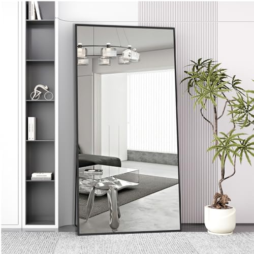 Beauty4U Full Length Mirror 194x94cm, Black | Free Standing, Hanging or Leaning, Rectangle Large Floor Mirror with Aluminum Alloy Frame for Living Room or Bedroom