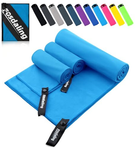 Fosdaling Mikrofaser Handtuch 3er Set(Groß 160×80cm und 2 Klein 80×40cm), Schnelltrocknend Microfaser Fitness & Sport Handtücher, für Strandtuch, Badetuch, Sporthandtuch und Reisehandtuch (Himmelblau)
