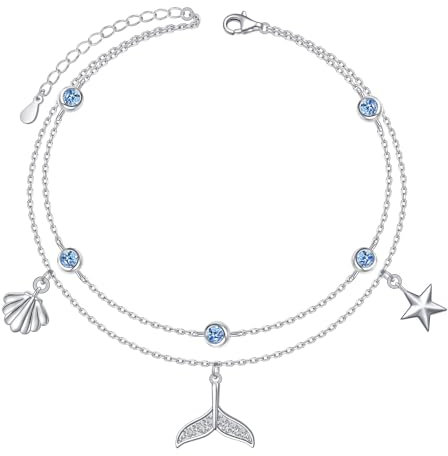 HOOHWE Walflosse Fußkettchen für Damen 925 Sterling Silber Layered Ankle Bracelet Längenverstellbar Fusskettchen für Frauen und Mädchen Sommer Fusskette Schmuck