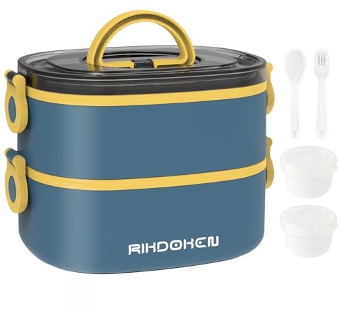 RIKDOKEN Lunch Box, Stackable 2 Layers Containers, Portable 64OZ Large Capacity Leakproof Bento Box with Spoon & Fork & Sauce Boxes, Microwave Safe Lunch Box for Kids and Adults