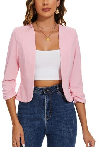 LADI TREND Blazer corto da donna, senza colletto, giacche aperte sul davanti, maniche a 3/4, cardigan in mezzo lino, rosa, S
