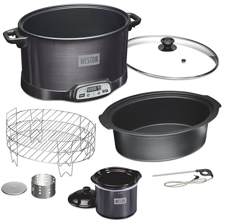 WESTON 2 en 1 programable de cocción lenta y ahumador eléctrico de interior, 6 cuartos de galón, estante para fumar de 3 niveles para carne, queso y más, recipiente apto para lavaplatos, sonda de