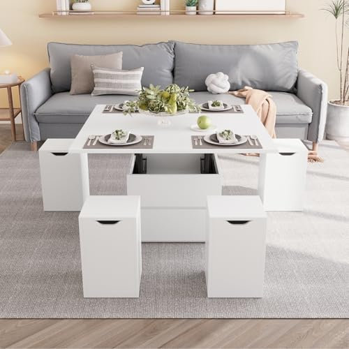 VOWNER Couchtisch Höhenverstellbar, 4-in-1-Multifunktions-Couchtisch Umwandelbar in Wohnzimmer-Esstisch, Couchtisch mit Verstecktem Stauraum, mit 4 Hockern, Weiß
