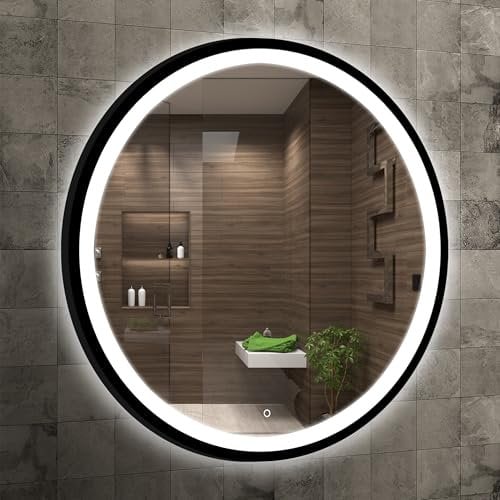 Home Glow Venti 60cm LED Badezimmerspiegel mit schwarzem Rahmen Runder Badezimmerspiegel mit Beleuchtung, Schwarz gerahmter Spiegel Runder Metall Gerahmter Badspiegel mit Beleuchtung