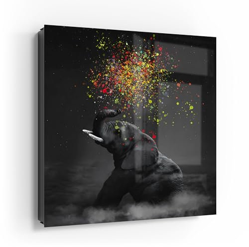 DEQORI Schlüsselkasten schwarz | 30x30 cm | Motiv Farbenfreudiger Riese | Glas & Metall Schlüssel-Box | Schlüsselschrank mit 50 Haken + 2 Magnete | Moderne Box magnetisch & beschreibbar