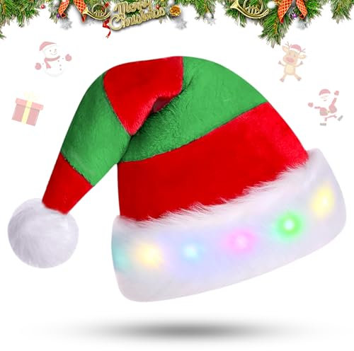 Mecctuck Weihnachtsmütze, Mütze mit LED Licht, Weihnachtsmützen, Nikolausmütze, Weihnachtsmann Mütze, Weihnachtsmütze LED Mütze, Nikolausmützen, Christmas Hat Streifendesign für Kinder und Erwachsene