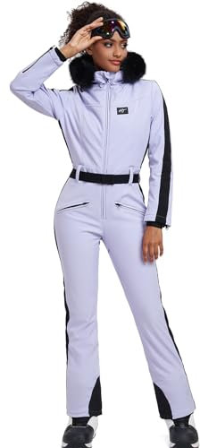 HOTIAN Damen Skianzug Einteiler Skioverall Winter Warme Damen Schneeanzug Wasserdicht Winddicht skibekleidung Schneeoverall Jumpsuit Mit Kapuze Purple XXS
