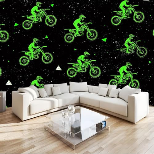 Papier Peint 3D Moto Tout-Terrain Verte Panoramique Peinture Murale Interieur 250x175 cm pour Salon Chambre à Coucher D'Enfant Maison Décoration Murale