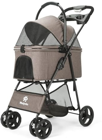 Hundewagen Hundebuggy Faltbar Travel Haustier Kinderwagen Pet Stroller mit Netzfenstern und Aufbewahrungskorb für kleine Mittele Hunde Haustiere Buggy (Kaffee)