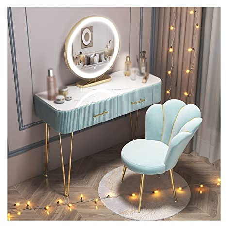 Moderner blauer Schminktisch mit Rückenlehne und intelligentem Make-up-Spiegel, Holz, Schlafzimmer, Schminktisch für Make-up und Aufbewahrung, einfacher Glastisch mit Make-up-Stuhl, 120 cm