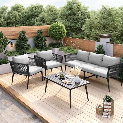 Merax 5 Sitze Garten Loungesessel Set, Outdoor Gartenmöbel Set mit 3-Sitzer Sofa, 2 Sesseln und Couchtisch, verzinkter Stahlrahmen, handgewebte Seilarmlehnen, Bequeme Kissen, grau