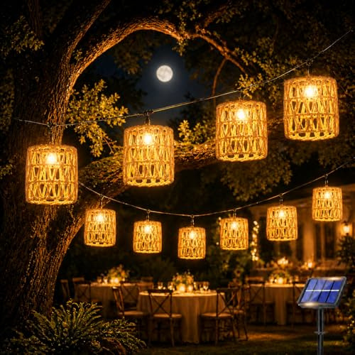 Shengruili 10er LED Solar Lichterkette Aussen,LED Solar Rattankugel Lampion,Wasserdicht Lichterkette Außen Solarlampen,Solarleuchten Balkon Garten Outdoor für Außen Garten Solarleuchten