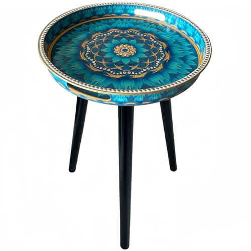 Simmer Stone Round Indoor Side Tables with Detachable Wooden 3 Legs, Versatile Tray Table, Perfect For Round Coffee Table Tea, and Relaxation Time 17.7 Inch (Dot Blue Lotus)