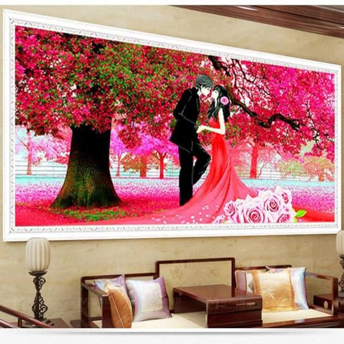 Diamond Painting Pareja de árboles rosas Bordado de Punto de Cruz para decoración del hogar Arte Pared Completo Kit Diamante Pintura 5D DIY Diamante redondo 40x80cm