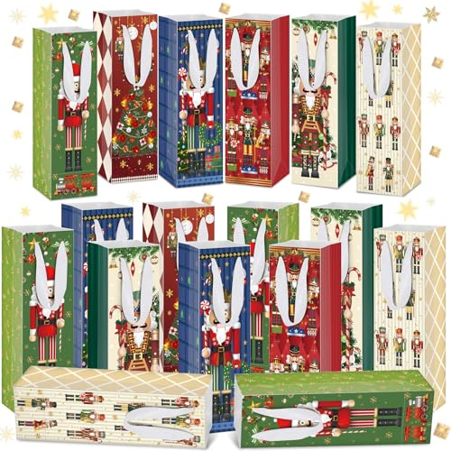 Glenmal 24 Pcs Christmas Wine Bags with Tags Wine Gift Bags Bulk Xmas Bottle Paper Bag with Handle for Winter Wedding Birthday Party Christmas Home Storage(Nutcracker)