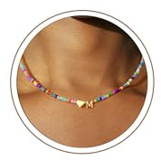 Turandoss Kette mit Buchstaben, Kette Mädchen Geschenke 5-21 Jahre | Bunte Perlenkette mit Herz Anhänger, Personalisierte Geschenk Mädchen 6/7/8/9/10/12 Jahre, Kinder Kette, 14K Gold Vergoldet