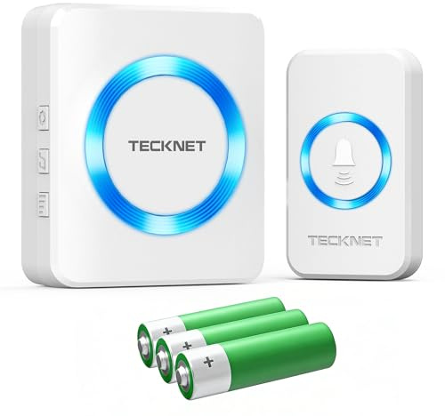 TECKNET Wireless Doorbell, IP66 Battery Operated Cordless Door Bell | Portable Doorbell with Blue Indicator Light, 1312ft/400m Range, 60 Selectable Chimes & Adjustable 5-Level Volume, White