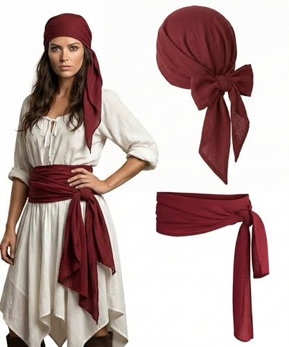Fairycos Piraten Kostüm Zubehör Set Schärpe Gürtel Stirnband Taillengürtel Piratenkapitän Mittelalterliche Große Kopftuch Bandanas für Fasching Halloween Kinder Erwachsene Weinrot