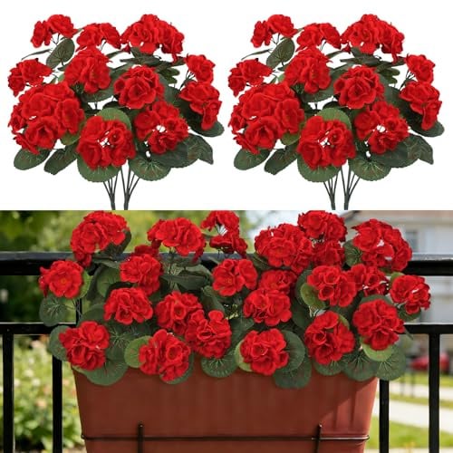 BlueCloudy 6 fiori artificiali per esterni, geranio finto per esterni, gerani finti in plastica, fiori di seta, piante artificiali per esterni, resistenti ai raggi UV, per interni, giardino, balcone