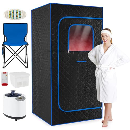 COSTWAY Cabina Sauna a Vapore, Sauna da Casa con Vaporizzatore 3L/1200W a Riscaldamento Rapido, 15 Livelli di Temperatura, Timer 99 Minuti, Sedia Pieghevole e Tappetino, Spa Personale per Casa (Blu)