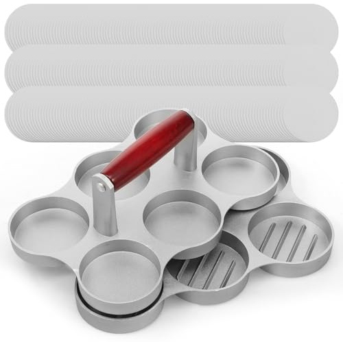 AULSAM Burgerpresse Mini 6er Set, für 6 Mini-Burger Gleichzeitig | Hamburgerpresse aus Aluguss mit Antihaftbeschichtung, Holzgriff & 300 Blatt Backpapier