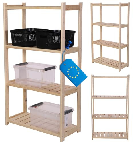 MODO24 Holzregal 124,2x70x33cm mit 4 Fachböden, massives Kiefernholz Standregal, vielseitiges Allzweckregal Haushaltsregal & Vorratsregal für Keller Küche Speisekammer Büro, Ordnungssystem, Natur