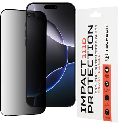 Techsuit Sichtschutzfolie für iPhone 16 Pro Max Gehärtetes Glas mit 9H Härte, Vollständige Abdeckung, Stoßschutz, Blickschutz Beschichtung, Anti Fingerabdruck, Blasenfrei, 111D Privacy Full Glue