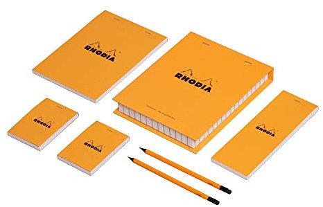 Rhodia 92001C Grundausstattung Set (mit 4 Notizblöcke kariert verschiedene Formate und 2 Stifte, praktisch, ideal für Ihr Büro oder Ihr zu Hause) 1 Set, orange