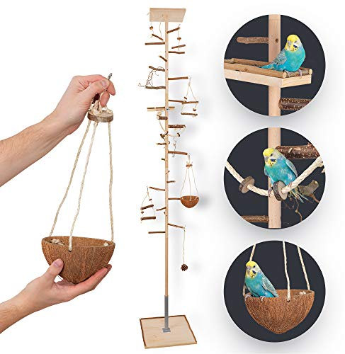 Vogelgaleria® Zimmerhoher Vogel-Kletterbaum 190-192 cm HiFly Medio mit Naturholz-Sitzstangen Vogelspielzeug Vogelschaukel Vogelspielplatz Freiflug Landeplatz für Wellensittich Nymphensittich