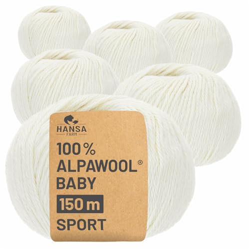 HANSA-FARM | 100% Baby Alpakawolle in 50+ Farben (kratzfrei) - 300g Set (6 x 50g) - weiche Alpaka Wolle zum Stricken & Häkeln in 6 Garnstärken by Hansa-Farm - Wollweiß/Natur (Weiß)