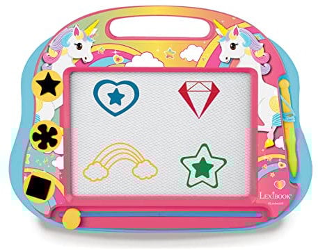 LEXIBOOK, Unicornio, Tablero de Dibujo Magnético Mágico Multicolor, Juguete Creativo Artístico para Niñas, Lápiz Stylus y Sellos, Rosa/Azul, CRUNI550