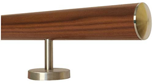 Nussbaum Geländer Handlauf Treppe Holz Griff gerade Edelstahlhalter, Länge 30-500 cm aus einem Stück/zum Beispiel Länge 200 cm mit 3 gerade Halter - Enden =leicht gewölbte Edelstahlkappe