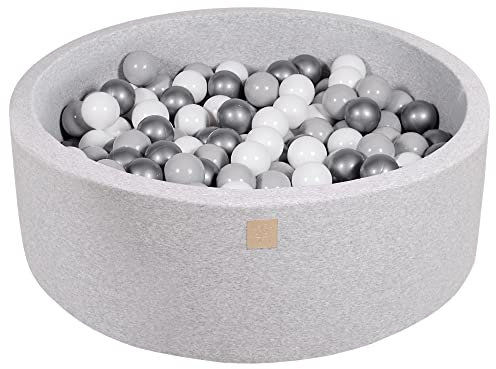 MEOWBABY Bällebad Baby - Rund 90x30cm Baby Pool für Kinder mit 200 Bälle, Baumwolle, Hellgrau: Weiß/Grau/Silber
