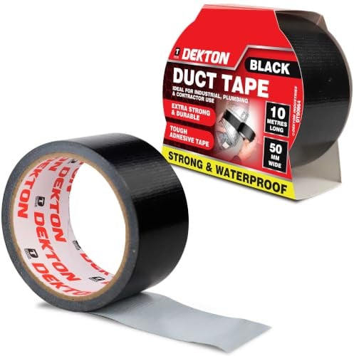 Dekton 50MM X10M Black Cloth Duct Tape | Up to 600V Protection | Self-Fusing Adhesive PVC Tape | Water Resistant for Durability | Works in -0 to 8°C Temperatures | Strong, Reliable, and Long-Lasting