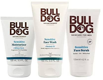 Bulldog Mens Skincare and Grooming Sensitive Vollgesichtsset mit Feuchtigkeitscreme, Gesichtswäsche und Gesichtspeeling, 3 Stück