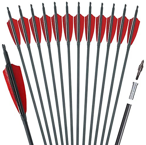Obert 30 Zoll Bogenpfeile Carbon Pfeile Spine 600 mit 4 Rot und Schwarz Naturfeder für Bogenschießen, Jagdpfeile für Recurvebogen, Langbogen und Traditionellen Bogen (12 Stück)