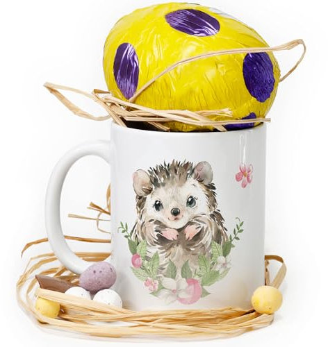 Hairyworm Personalised Mug and Belgian Milk Chocolate/Hot Chocolate Stirrer Marshmallow Gift Set, Custom Name (11oz) White, Yellow, Blue, Black, Pink Mug with Hedgehog Flowers Design