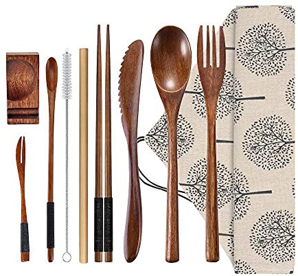 Lot de 9 couverts en bois réutilisables avec couteau, fourchette, cuillère, baguettes, pailles et brosse de nettoyage