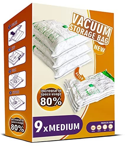 Storage Master Space Saver Bags for Travel and Home Reusable Vacuum Storage Bags Save 80% More Storage Space Work with Vacuum Cleaner (9 Medium, No Pump Inclcuded)