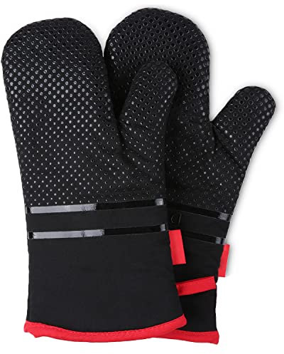 ZZWW Ofenhandschuhe, Topflappen Handschuh, Silikon Backofenhandschuhe, Kochhandschuhe für Küche, Kochen, Backen, Grillen, Hitzebeständig bis 300°C (2er-Pack), BPA Frei, Schwarz, 2 x 18 x 33 cm