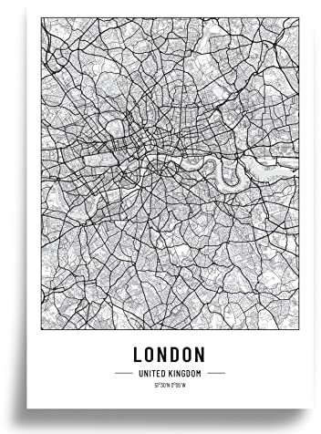 Poster Stadtplan | Moderne minimalistische wandbild Stadtkarten | Schwarz Weiß deko haushalt |w anddeko Kunstdrucke für Wanddekoration weltkarte | Geschenk fur haus | Papier 250gr London A2