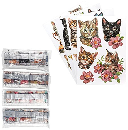 Ideen mit Herz Diamond Painting Sticker | 4 Bogen in DIN A4 | Aufkleber einzeln abziehbar | inkl. Schmucksteine (Katzen)