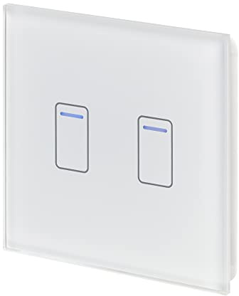 Retrotouch Crystal Touch Switch | LED Light Indicator | 2 Gang 1 Way 300W | Stylish White Glass Finish | Screwless Front | 35mm Back Box No-Neutral Required | Luxury Home & Bathroom Light Switches