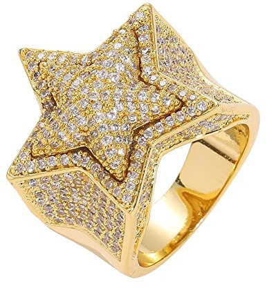 DFWY Herren Iced Out CZ Simulated Diamond 3D Star Ring -14K Vergoldeter Hip Hop Bling Pentagramm Zirkon Ring - Funkelnder Strass Rapper Street Rock Schmuck(Gold,09)