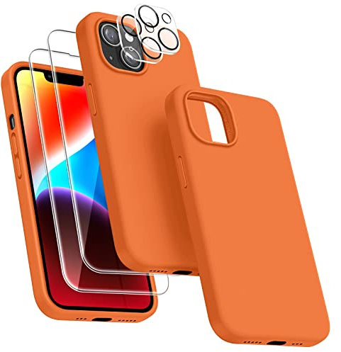 Dssairo [5-in-1 für iPhone 14 Hülle, mit 2 Displayschutzfolien + 2 Stück Kameraobjektivschutz, Flüssigsilikon Ultra Slim Stoßfest Schutzhülle [Mikrofaserfutter] 6.1 (Orange)