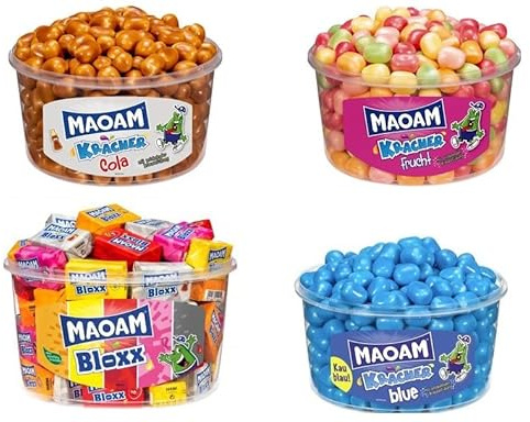4 Dosen Maoam Kracher Mix aus 4 Sorten a 1,2 kg 1x Kracher Blue, 1x Maoam Bloxx 1x Fruchtkracher, Kracher Cola