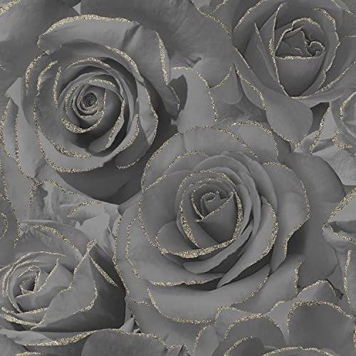 Madison Glitter Black Wallpaper - Gold Floral Rose Flower - Textured Modern Contemporary Feature Wall