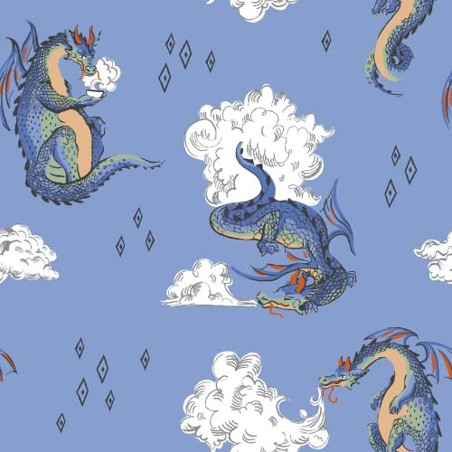Muriva Cath Kidston Peace Dragon Wallpaper - Modern Wallpaper for Kids Bedroom, Playroom & Nursery - Decorative Luxury Wall Paper with Colourful Illustrated Dragon Sipping Tea (Blue)